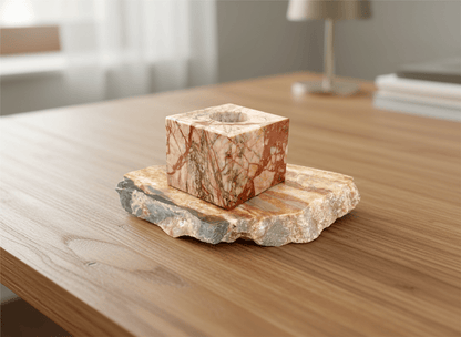 Svícen růžovo cihlový mramor s podstavcem z růžového kalcitu - Supreme Panthers